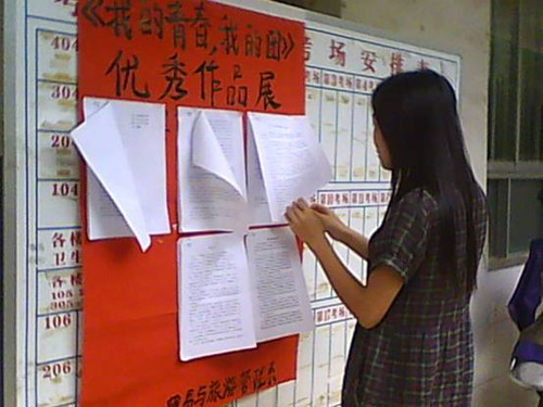 青年学生在认真看“我的青春，我的团”征文比赛作品展