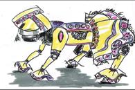 艺术学院师生为智能机器狗设计的民族服装在柳州科技馆展出